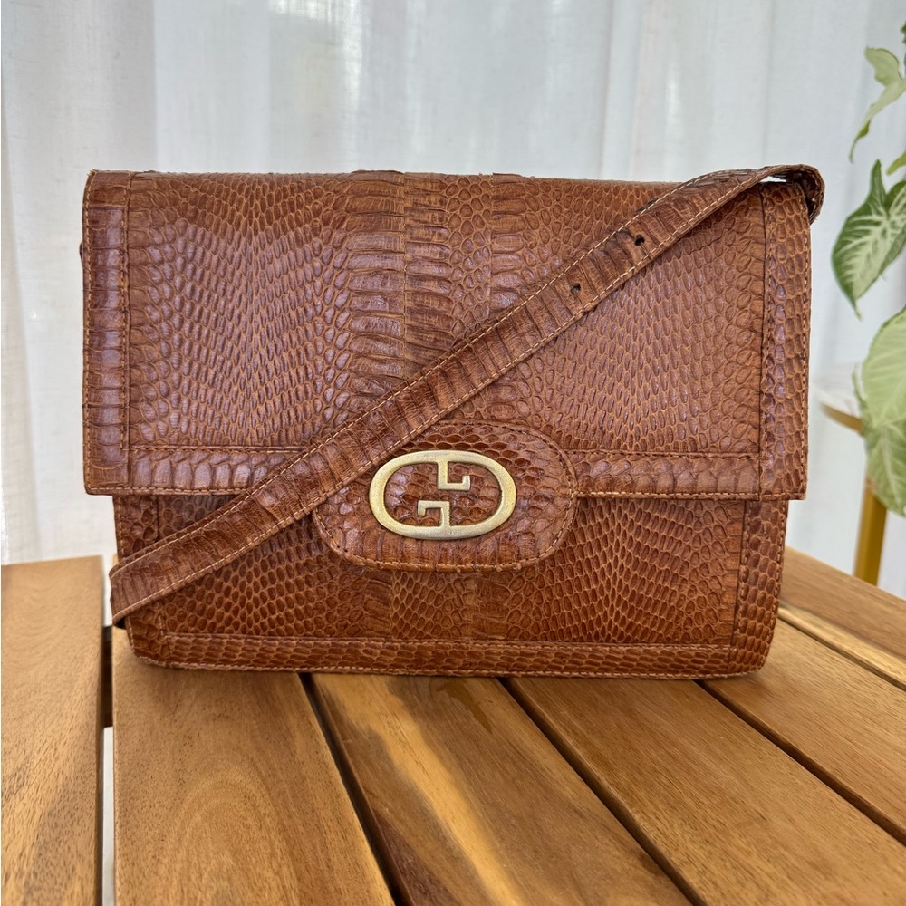 Vintage Genuine Snakeskin Brown GG Crossbody Clutch Bag Gold Tone Logo